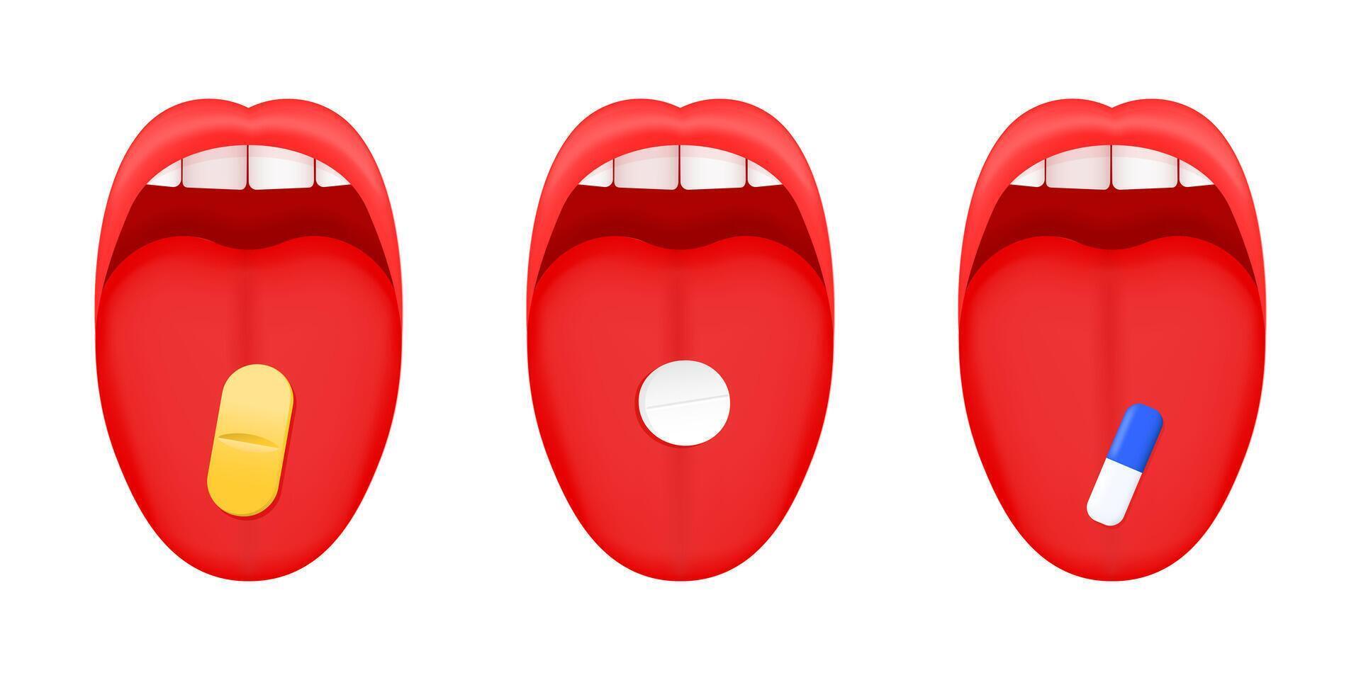Set of open mouthes with tongues sticking out and pills or capsule on them. Taking medicine or drugs concept vector