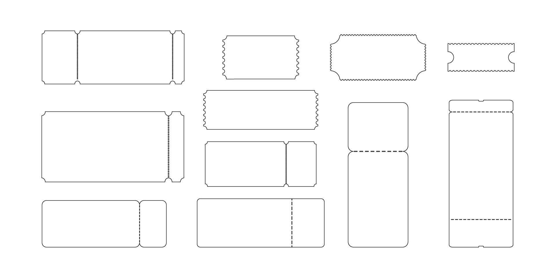 Set of outline raffles or coupons icons. Tickets for boarding on airplane, concert, cinema, museum, festival, theater, circus, exhibition vector