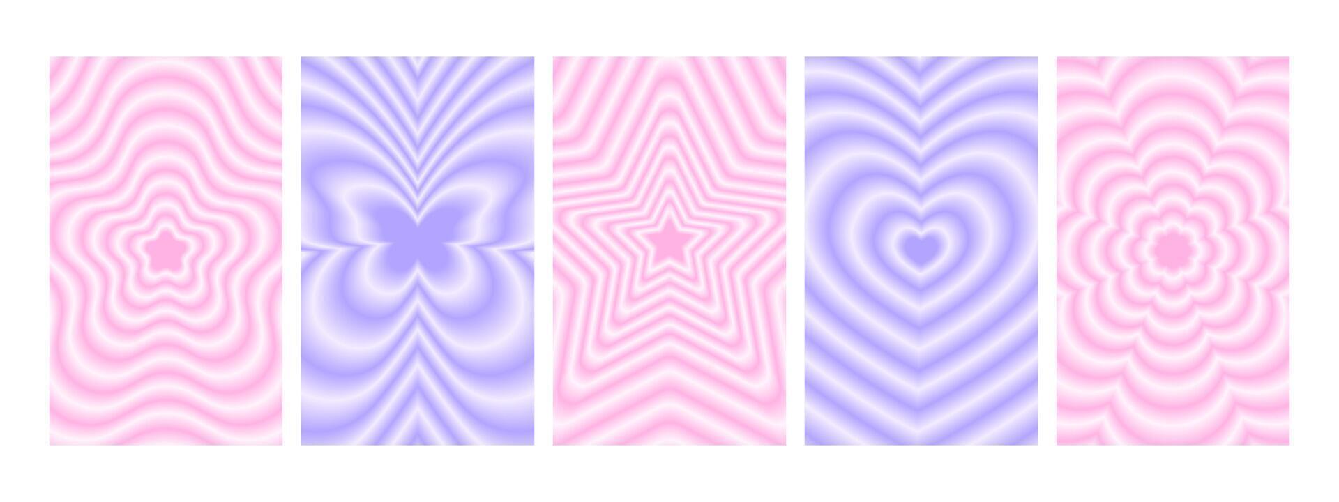 Set of vertical posters in trendy y2k style with gradient aura effect. Groovy flower, butterfly, star, heart backgrounds. Blurry holographic design in 90s vibe vector