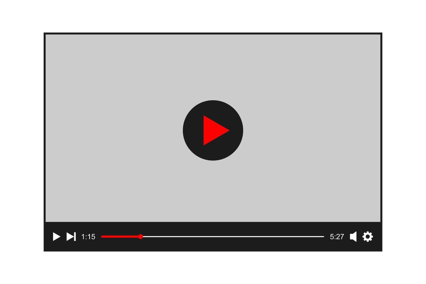 Media player template. Online movie digital screen with play button and loading slider bar. Multimedia app window simple design vector