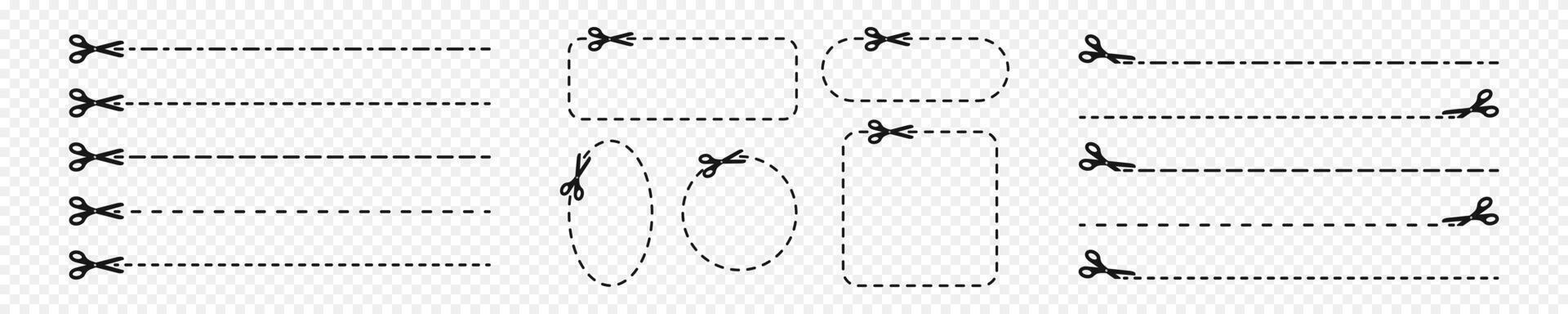 Set of cut here icons. Scissors pictograms with dashed lines and square, circle, oval, rectangle frames. Crop, strip or separation signs vector