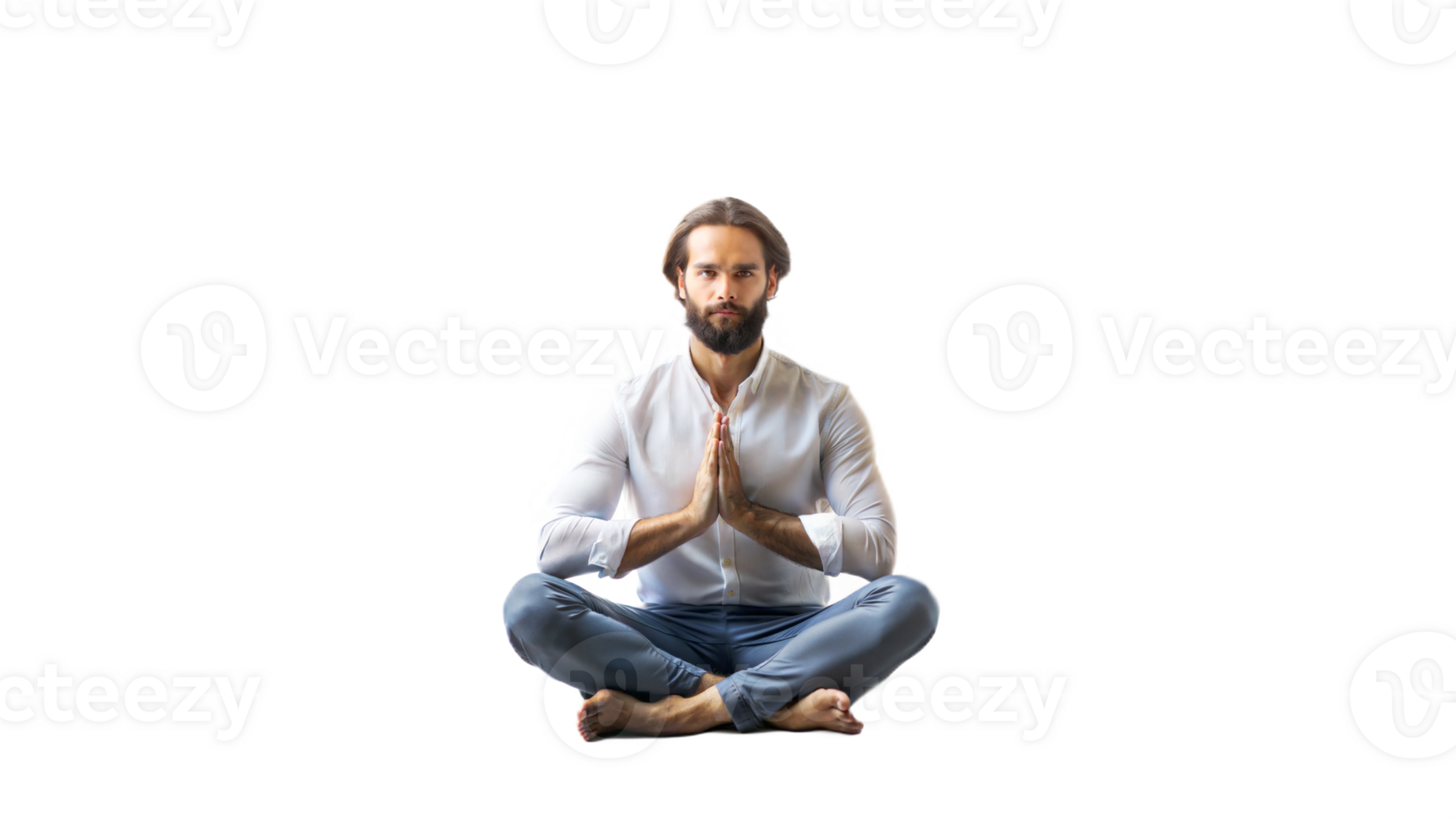 Man sitting in meditation posture practicing mindfulness and relaxation on a transparent background png