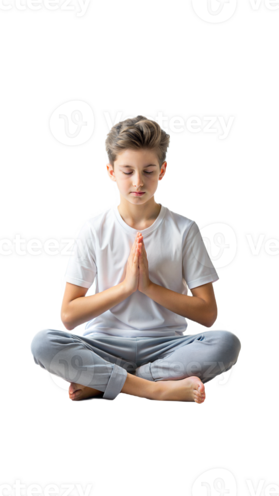 Young boy practicing meditation in a seated pose with a calm and peaceful expression on a transparent background png