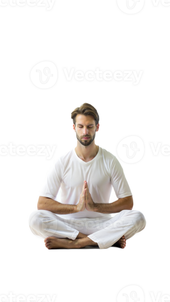 Young man meditating in a seated pose with a calm and peaceful expression on a transparent background png