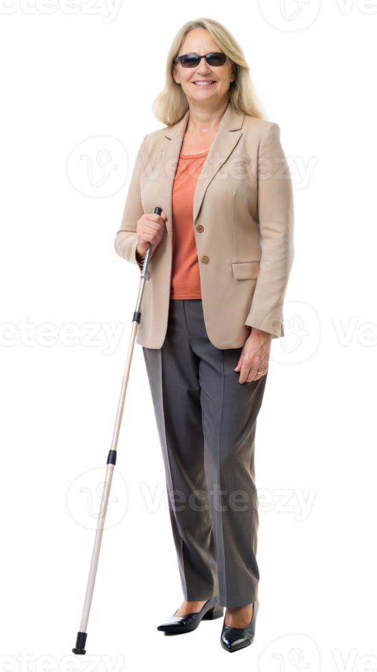 Blind woman with white cane walking confidently, symbolizing mobility support and independence. png