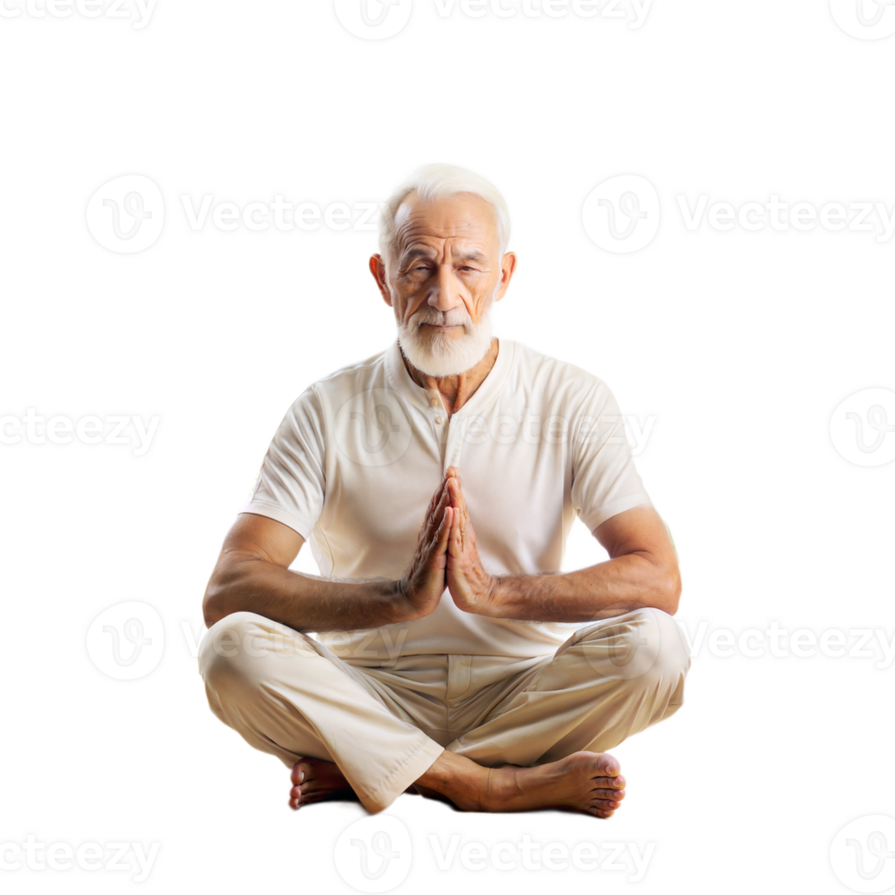 Older man practicing meditation in a seated pose with hands in prayer position on a transparent background png