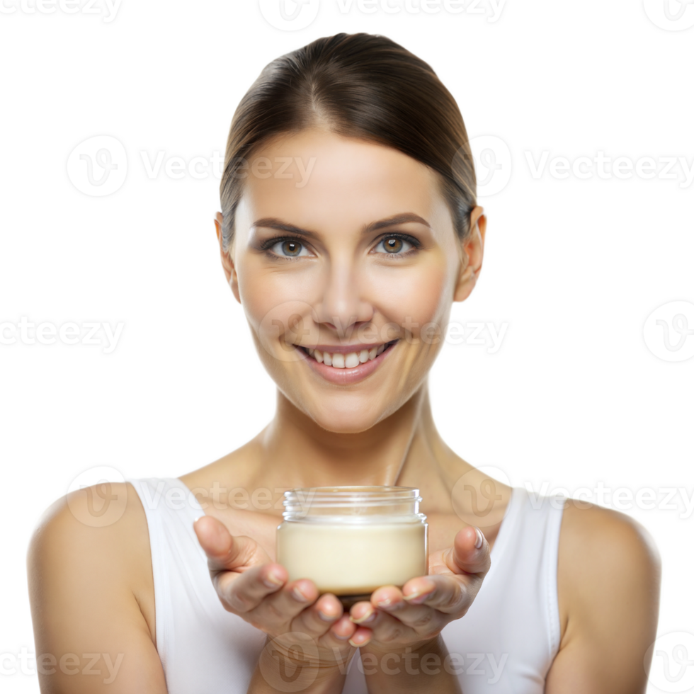 Woman holding a jar of facial cream, symbolizing beauty and skincare. png