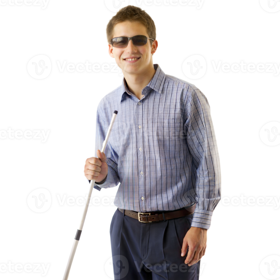 Smiling blind man holding a white cane, representing independence and mobility support. png