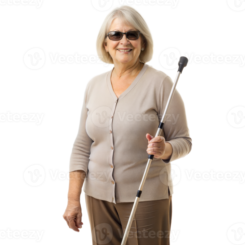 Senior woman walking with a white cane, representing independence and mobility aid. png