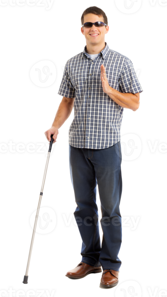 Blind man walking with a white cane, symbolizing mobility aid and independence. png