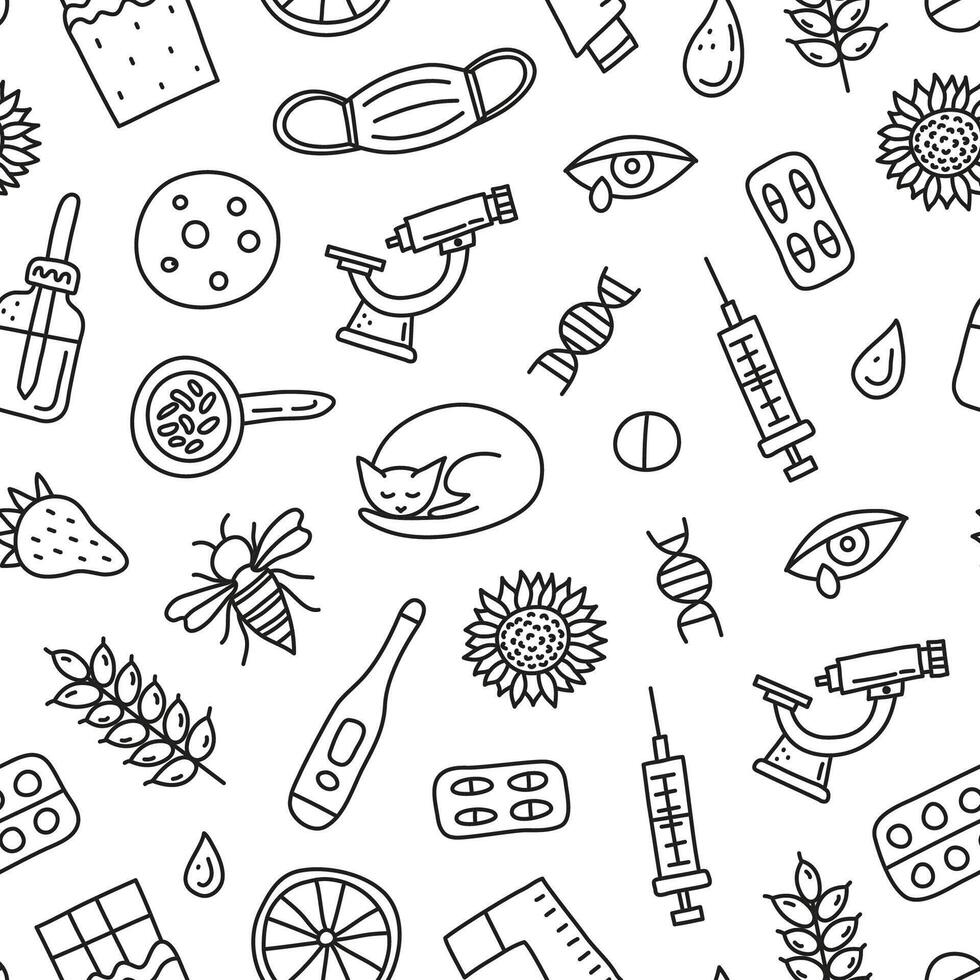 Seamless pattern with doodle allergy icons. vector