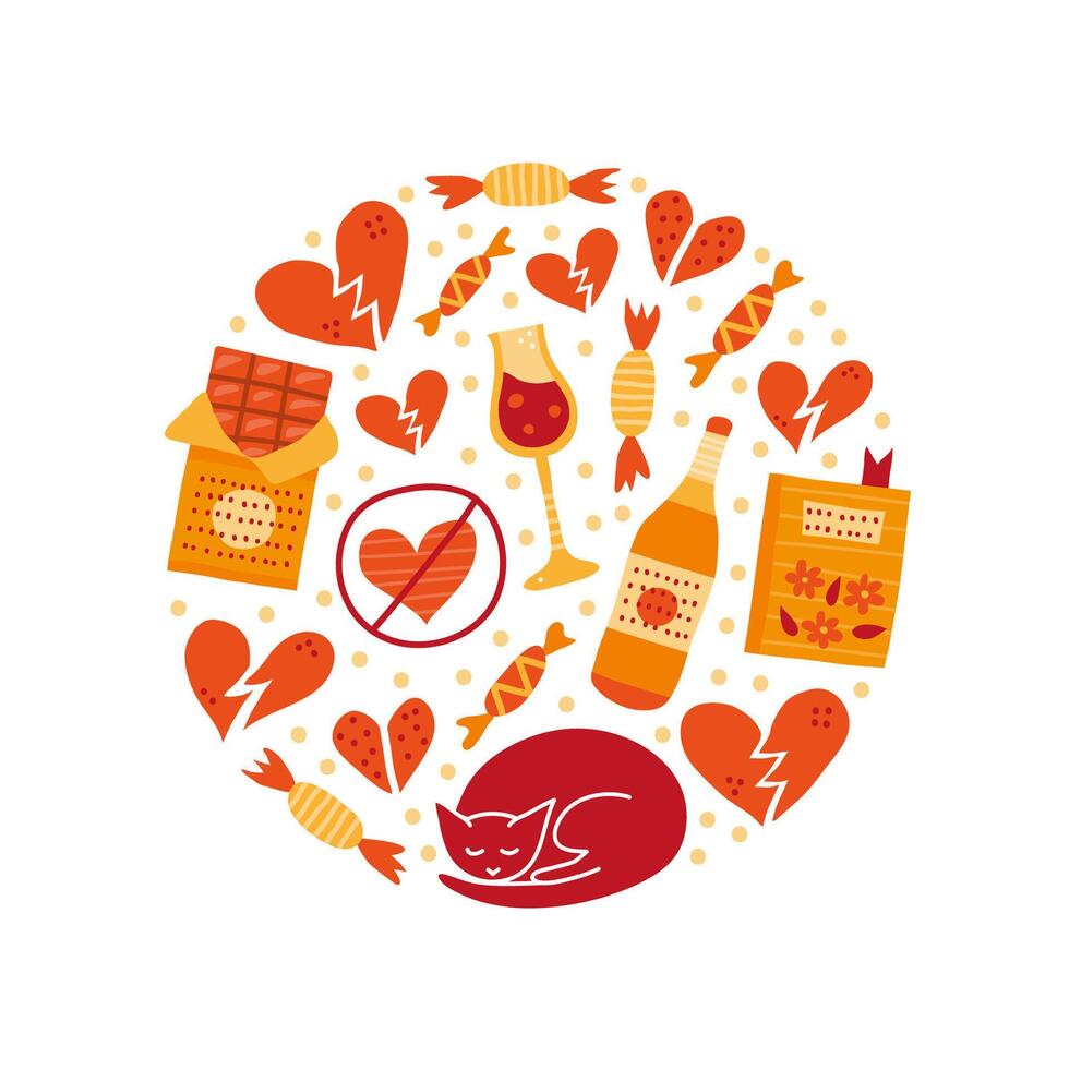 Anti Valentine s day doodles in circle. vector