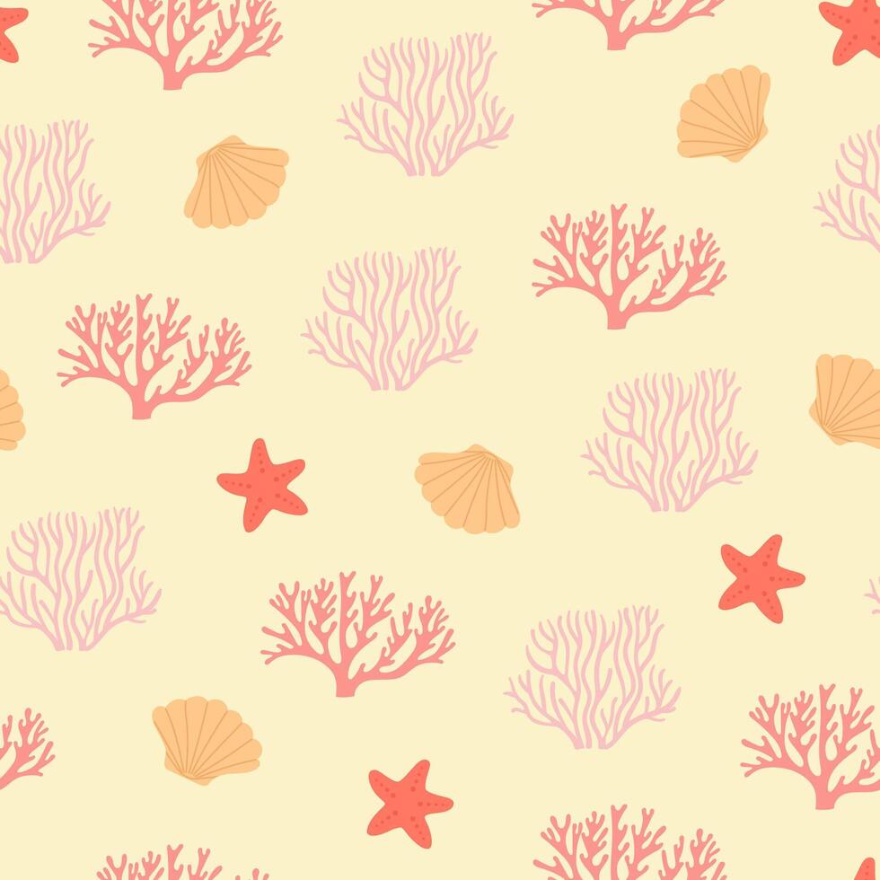 Seamless pattern with hand drawn seashell and corals on beige background. Template for print, fabric, greeting card and invitation. vector