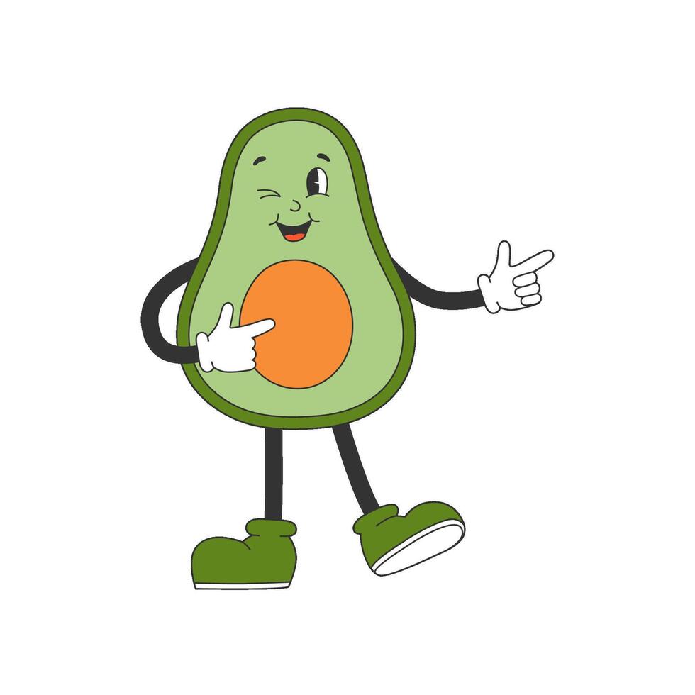 Cute avocado in groovy style. Cartoon character in trendy retro style. vector