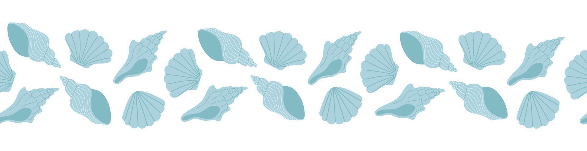 Seamless border with hand drawn blue seashell on white background. Template for print, fabric, greeting card and invitation. vector