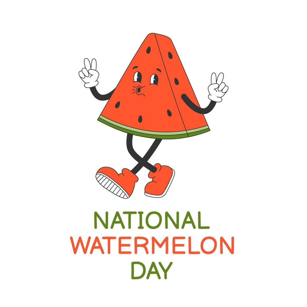 National watermelon day banner template. Watermelon character in retro groovy style vector