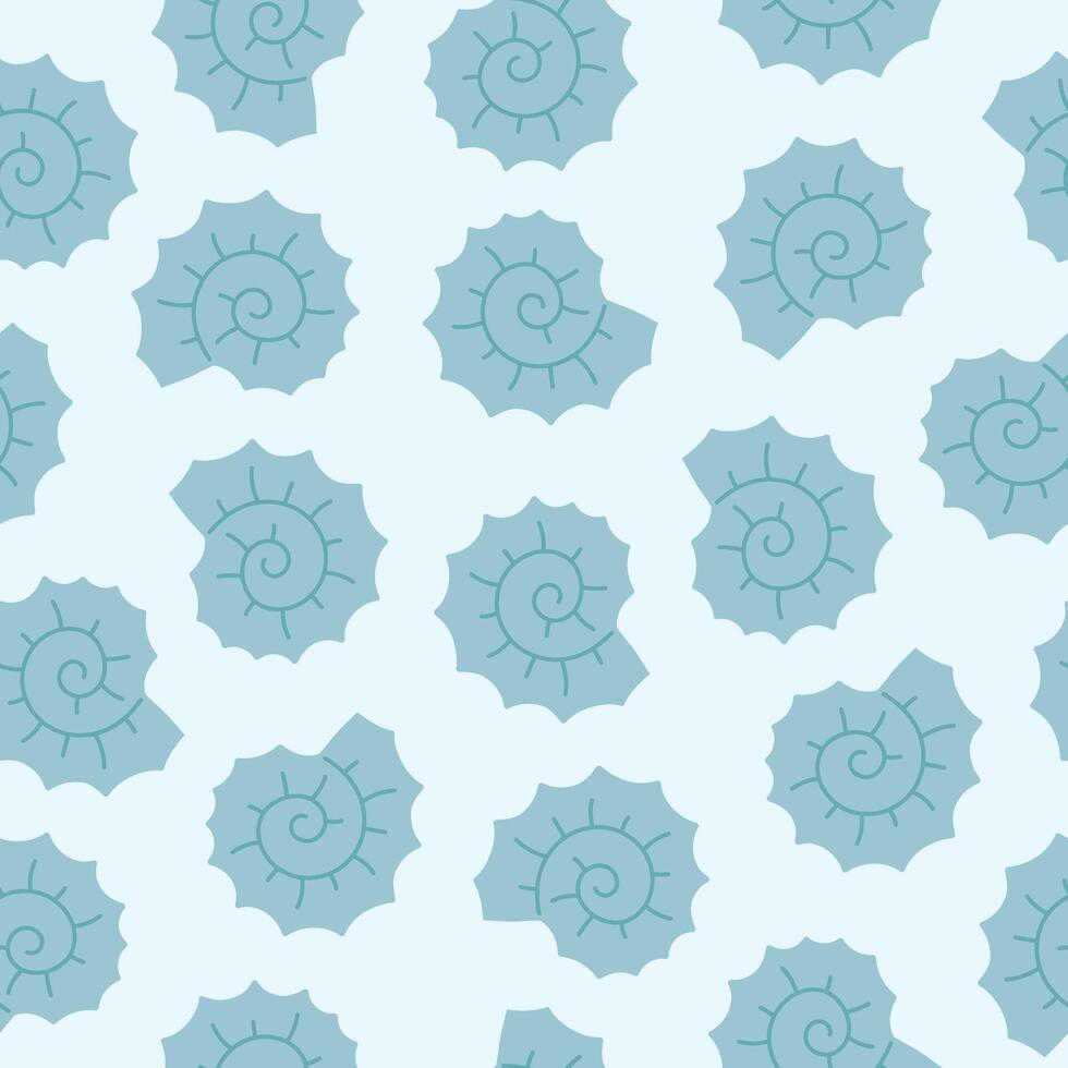 Seamless pattern with hand drawn blue seashell on blue background. Template for print, fabric, greeting card and invitation. vector