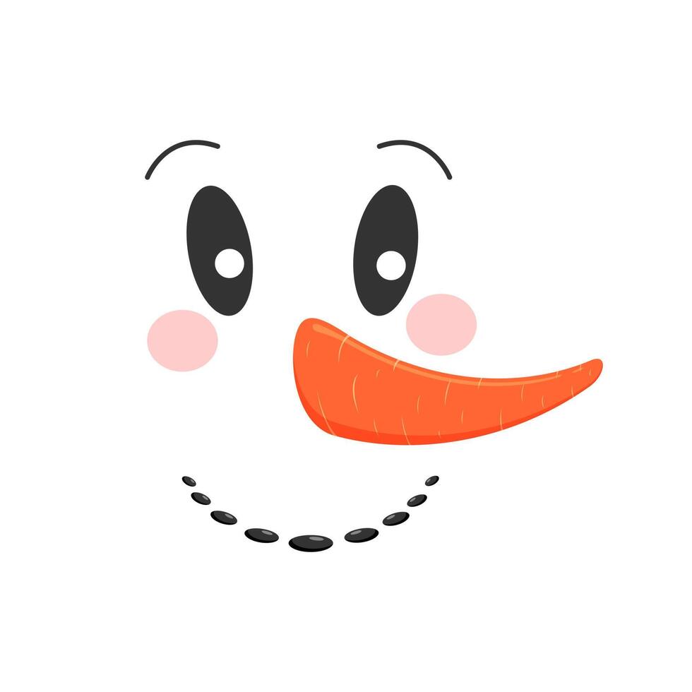 Cute snowman face. Funny snow man head with carrot nose and rosy cheeks. Winter holidays design vector