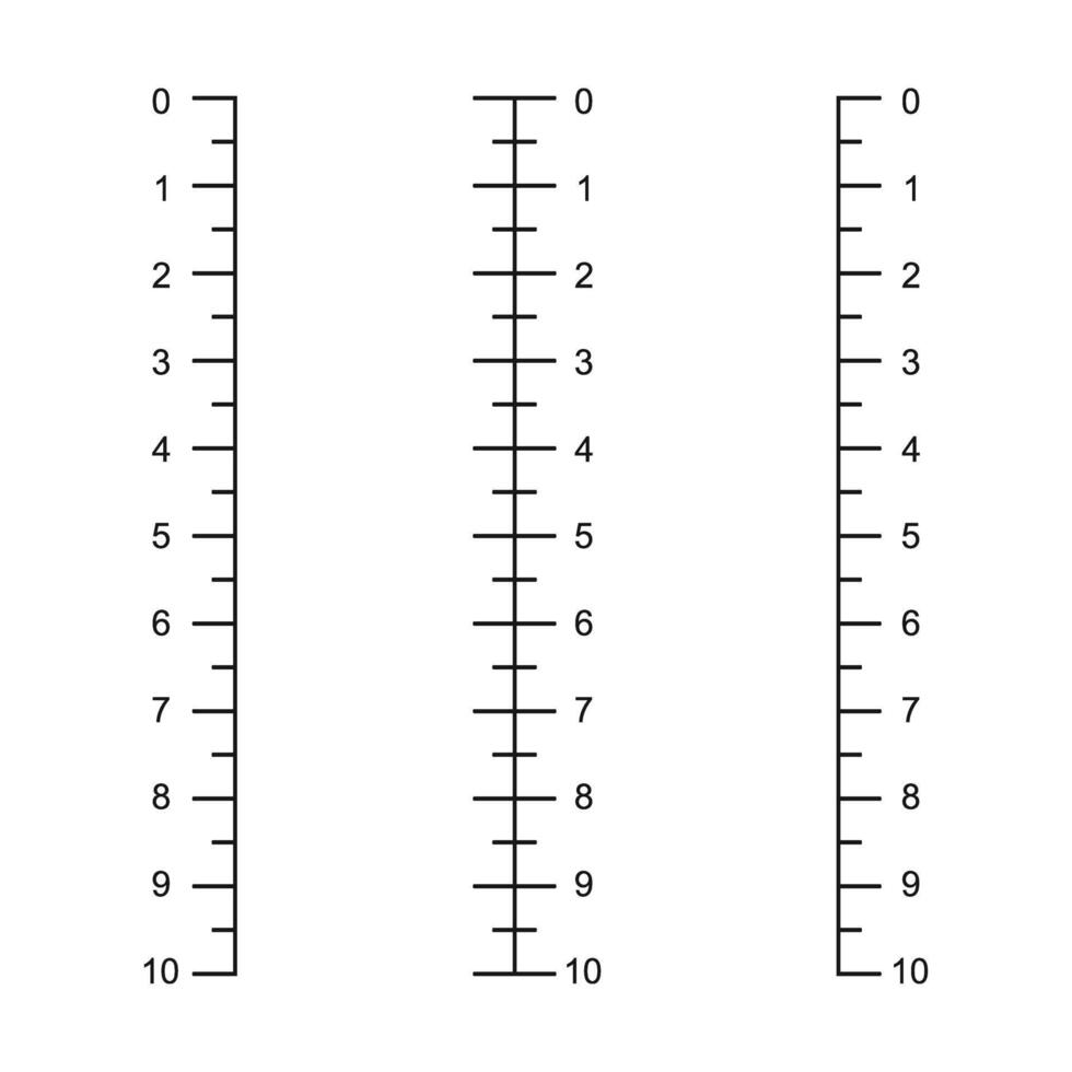 Set of vertical ruler scales with 10 cm markup. Measuring charts in centimeters. Distance, height or length measurement math or sewing tools vector
