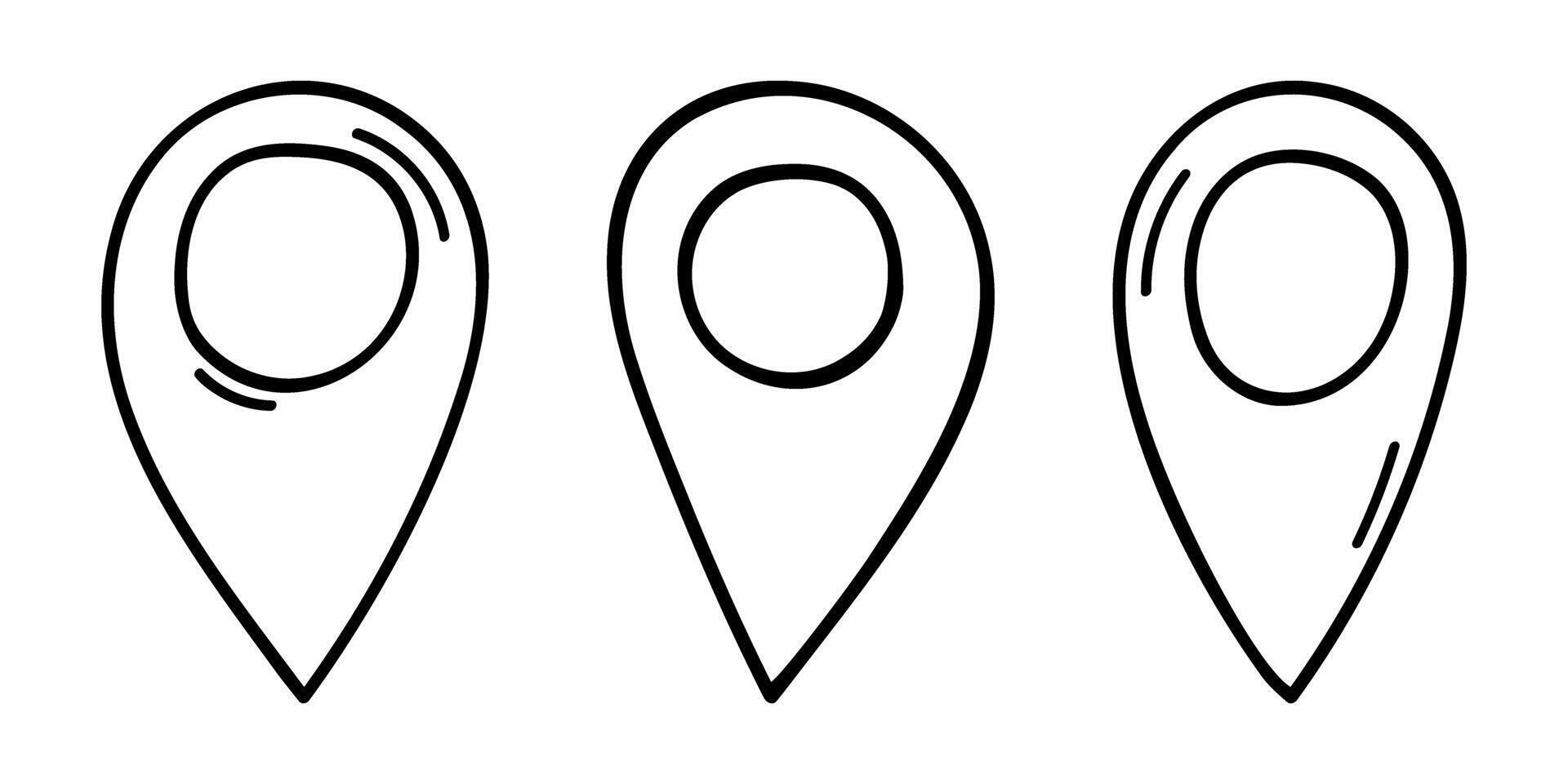 Map pin icon in doodle style. Hand drawn location pointer isolated on white background. Navigation sign. Destination pictogram. Geo tag label vector