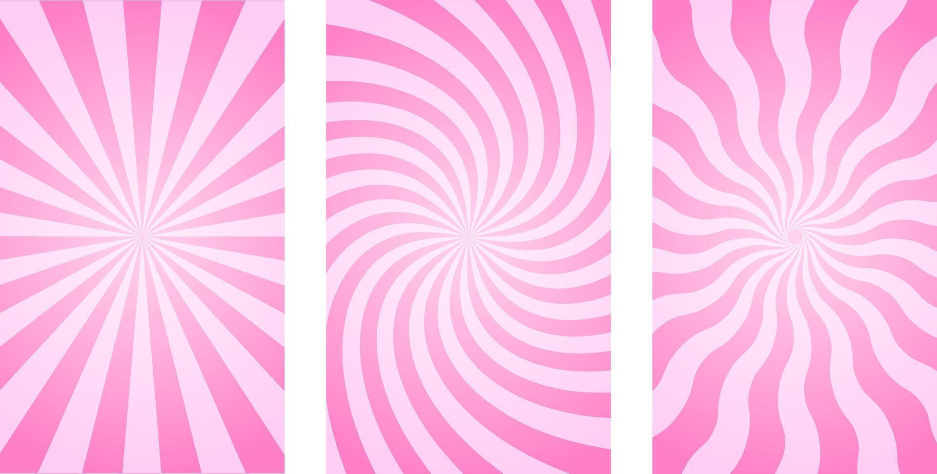 Vertical posters with pink radial stripes. Trendy retro y2k pattern. Rosy sunburst, explosion or surprise design effect. Manga style background. Bubble gum, lollipop candy texture vector