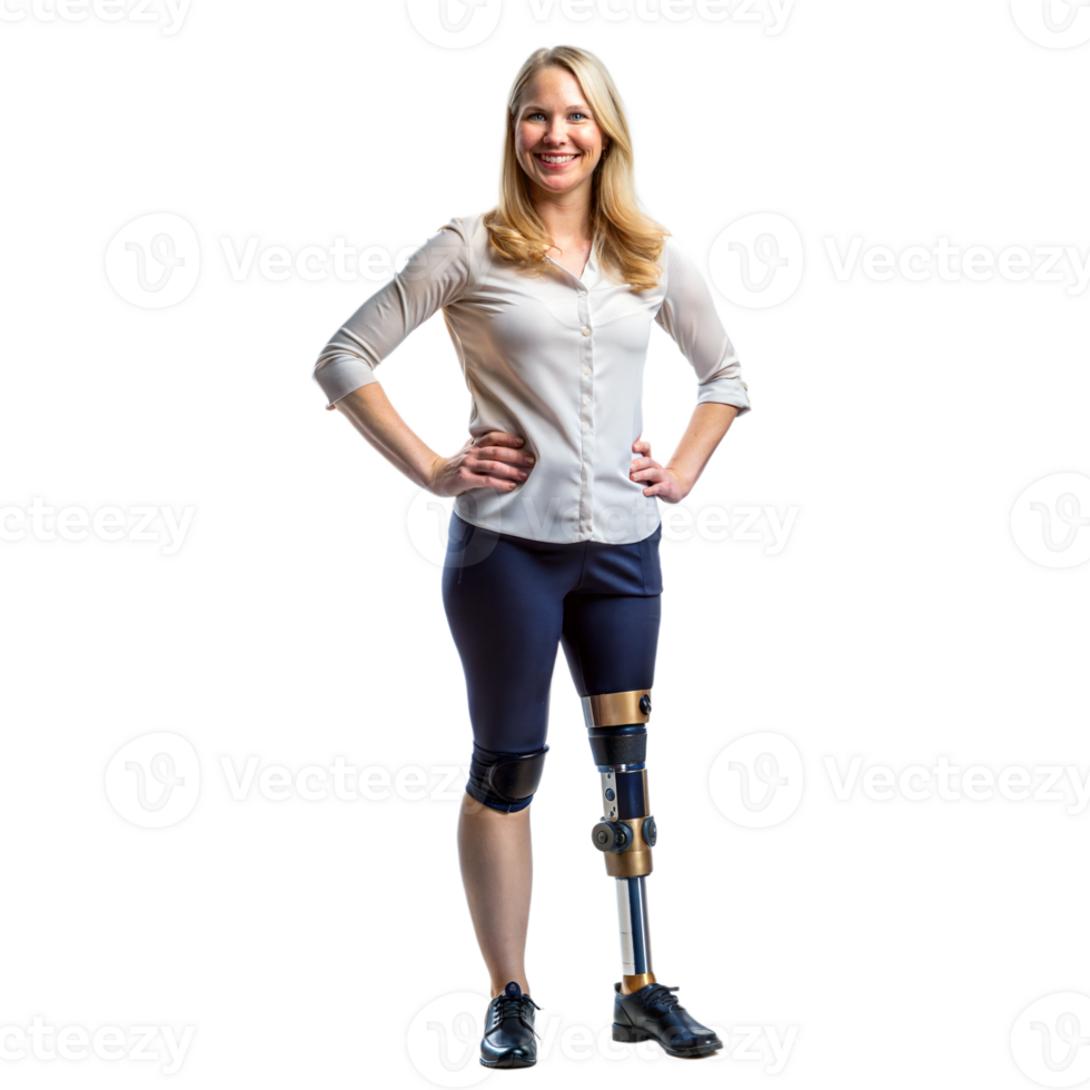 Woman with a prosthetic leg standing confidently, symbolizing strength and mobility. png