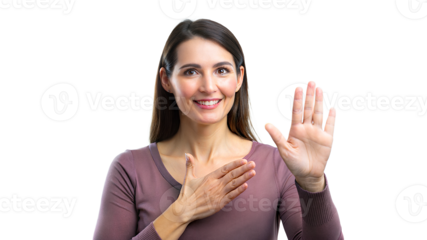 Smiling woman using sign language to communicate, representing inclusivity. png