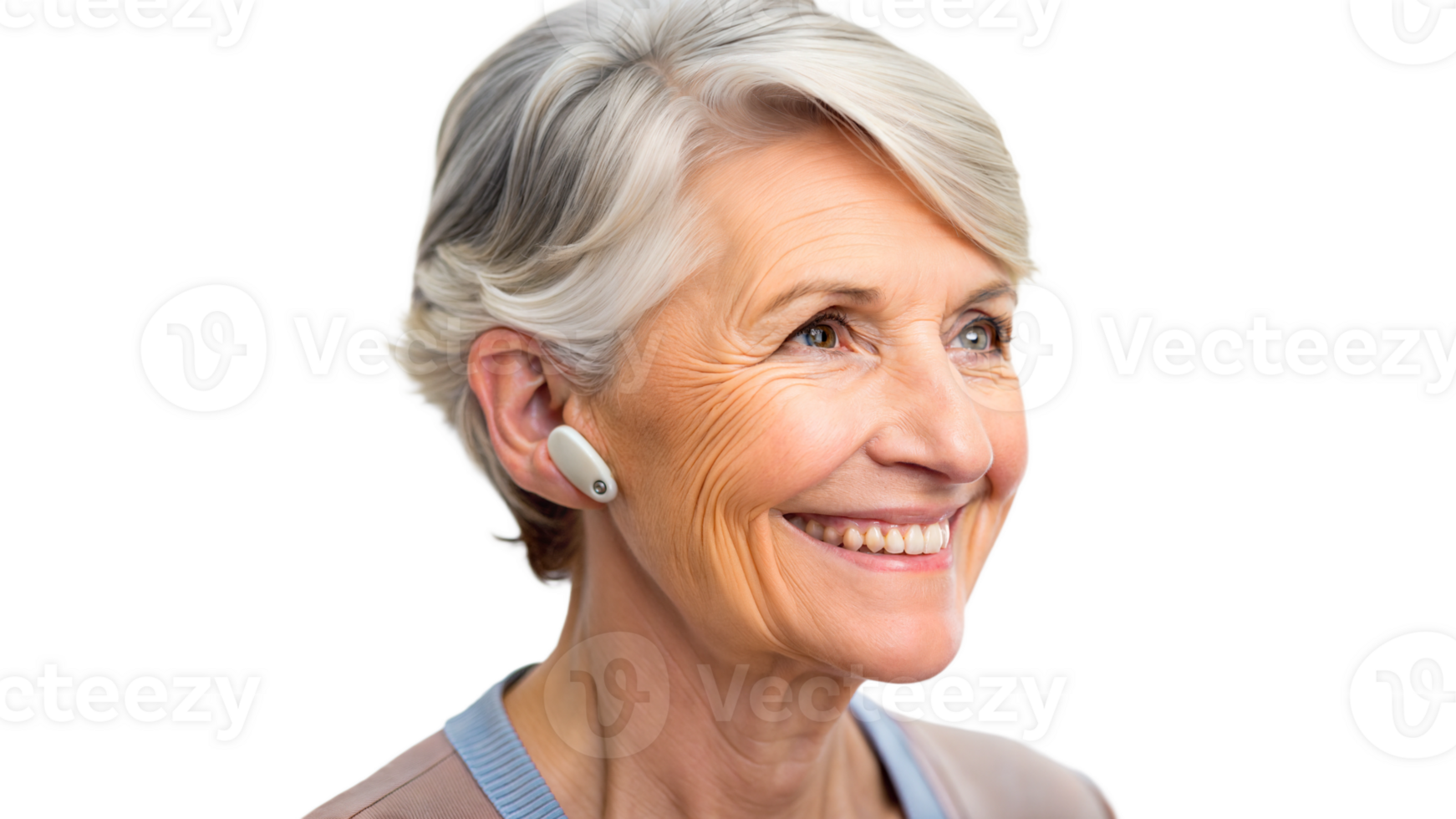 Senior woman smiling and wearing a hearing aid for improved hearing. png