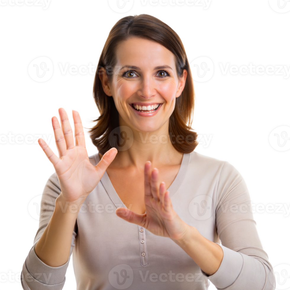 Woman smiling while using sign language for communication and inclusivity. png