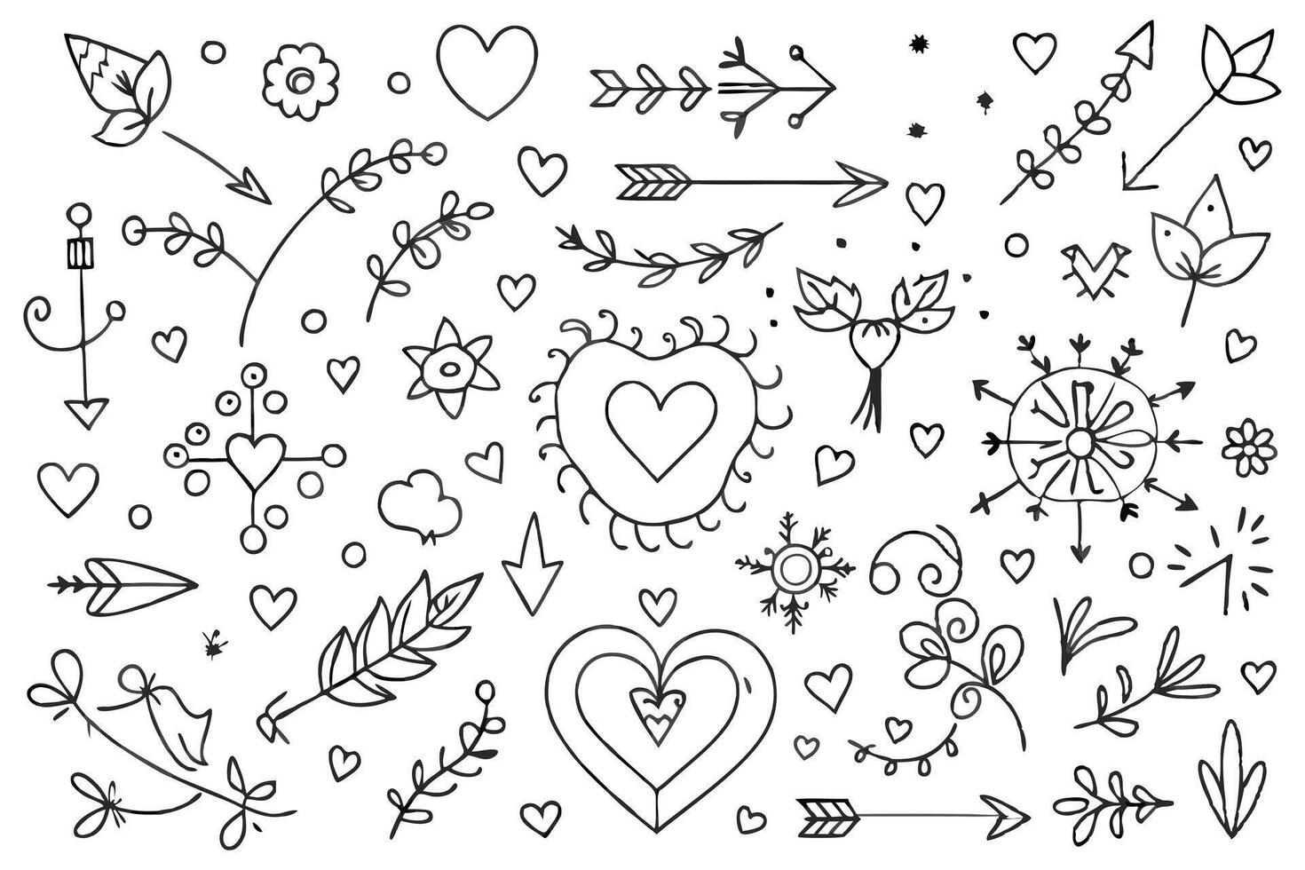 Abstract Doodle Illustrations Arrows Stars Flowers Hearts and Symbols in Hand Drawn Sketch Style vector