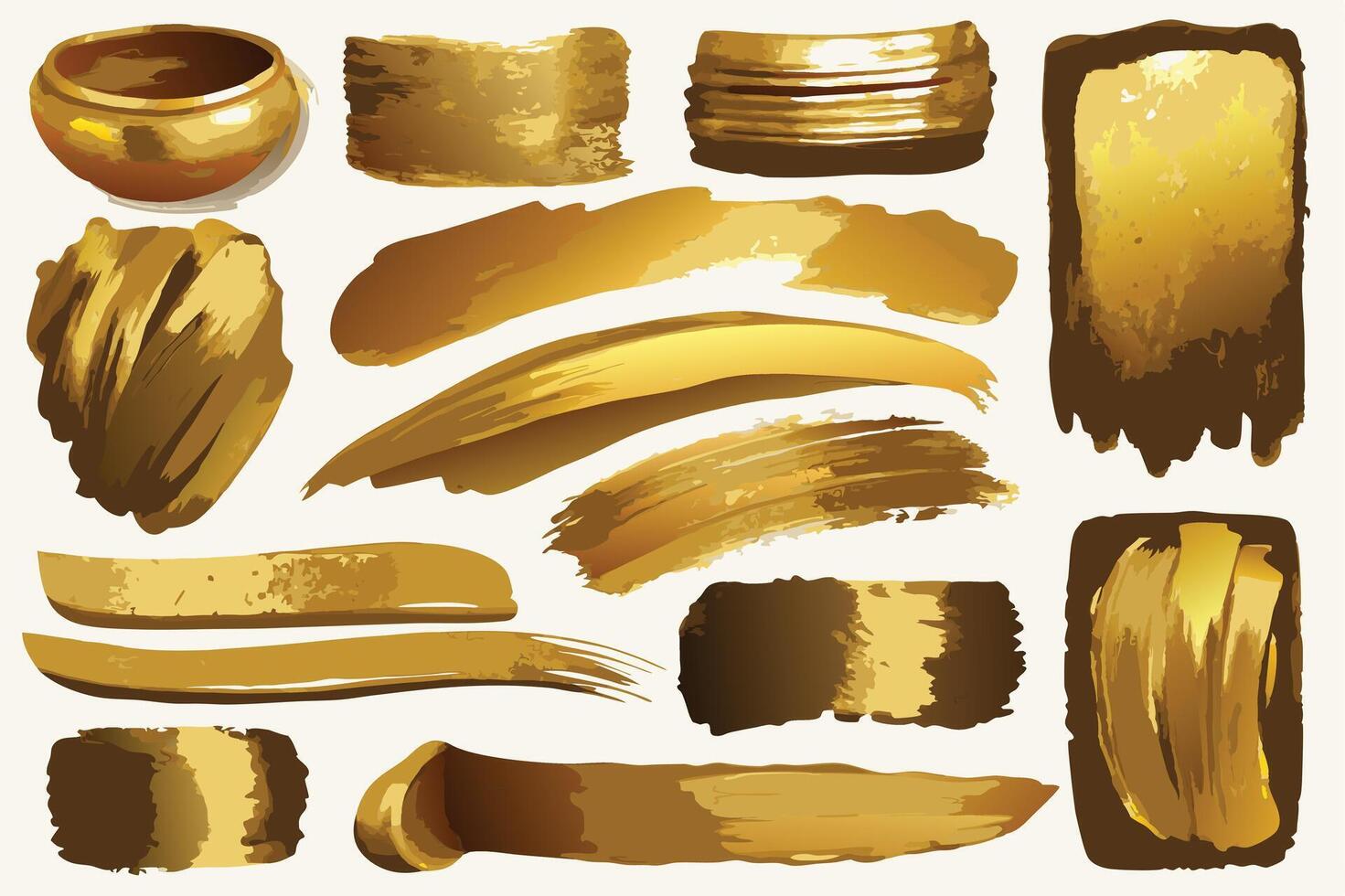 Golden paint brush strokes and strokes set vector