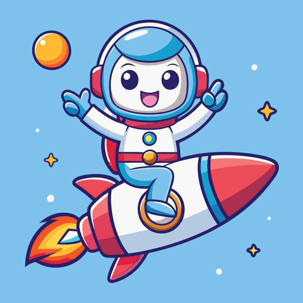 Adorable Cartoon Astronaut Riding a Rocket - Fun Space Adventure Art vector