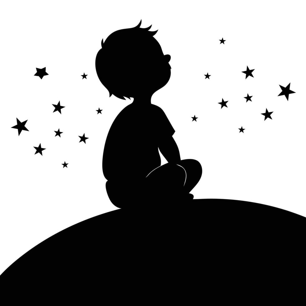 Child Silhouette Sitting on Hill with Stars in the Night Sky vector