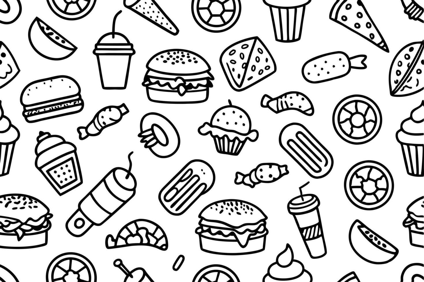 Seamless pattern of Desserts and sweets doodle Candies chocolate cakes donuts ice cream in Hand drawn sketch style vector