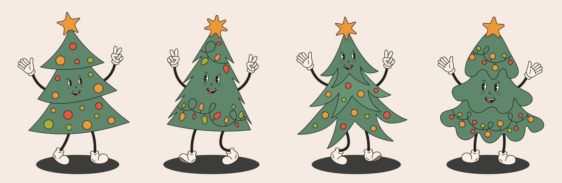 Christmas trees collection, groovy funny characters. Dancing Christmas tree, fir, pine in retro hippy style. For greeting cards, banner, party invitation, gift tags. vector