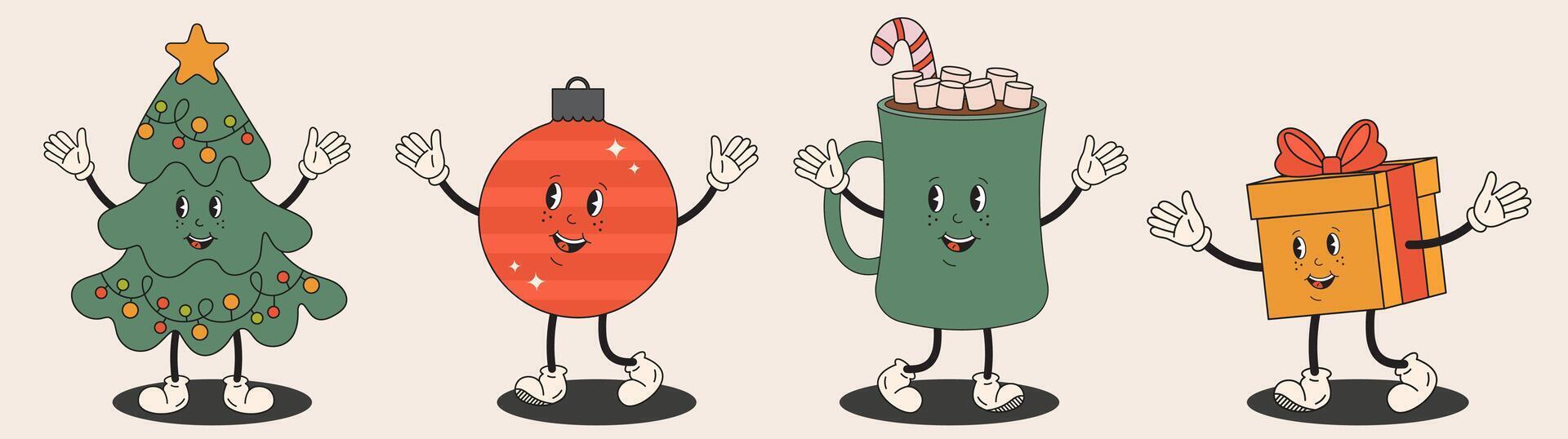 Christmas characters in groovy retro style. Hippy Christmas tree, bubble, Hot chocolate mug, gift with winter holidays decoration. For greeting cards, party invitation, banners. vector