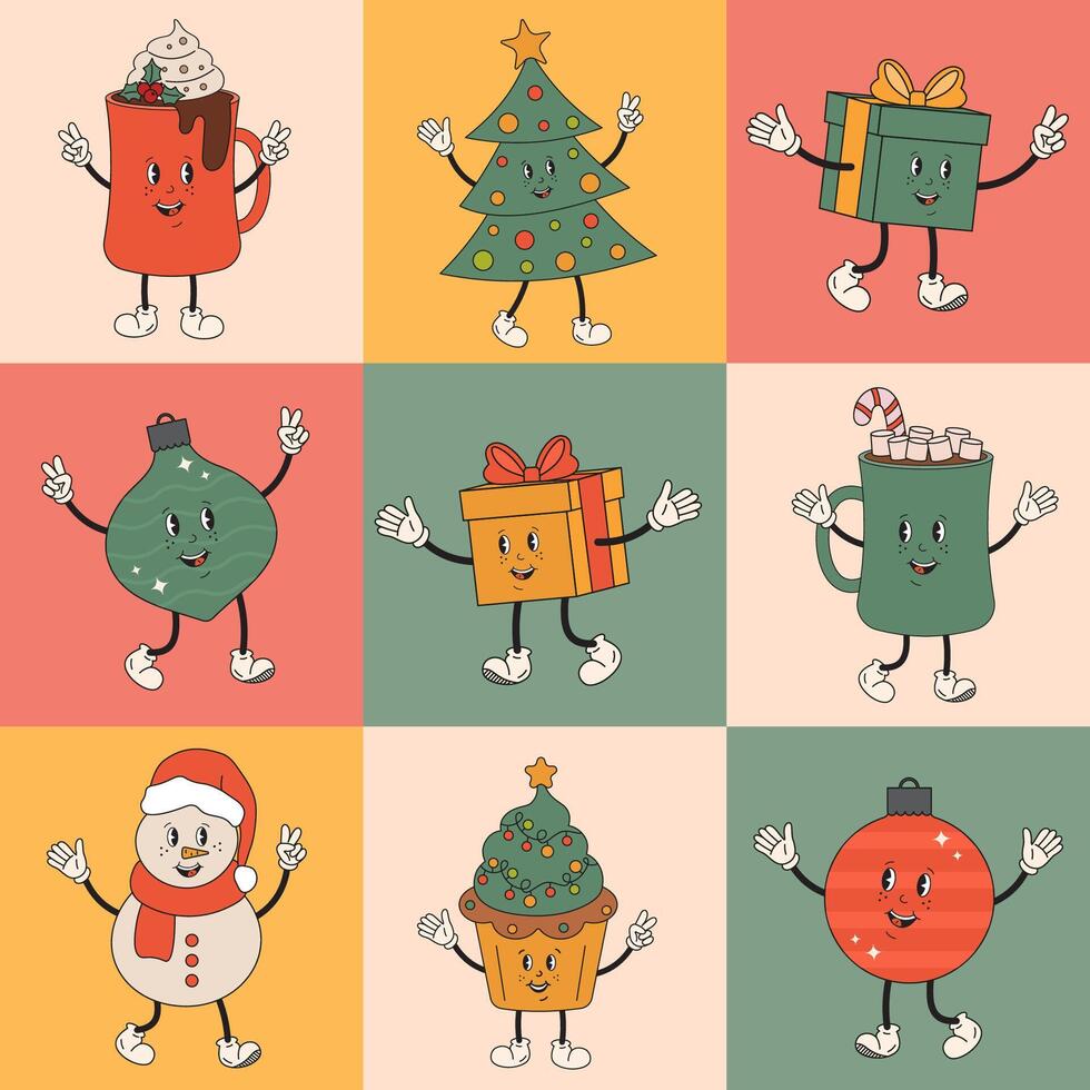 Christmas groovy trendy elements, Christmas pattern with characters in retro groovy style. Christmas tree, cocoa mug, gift box, snowman. Winter holiday decoration, greeting card, print T-shirt. vector