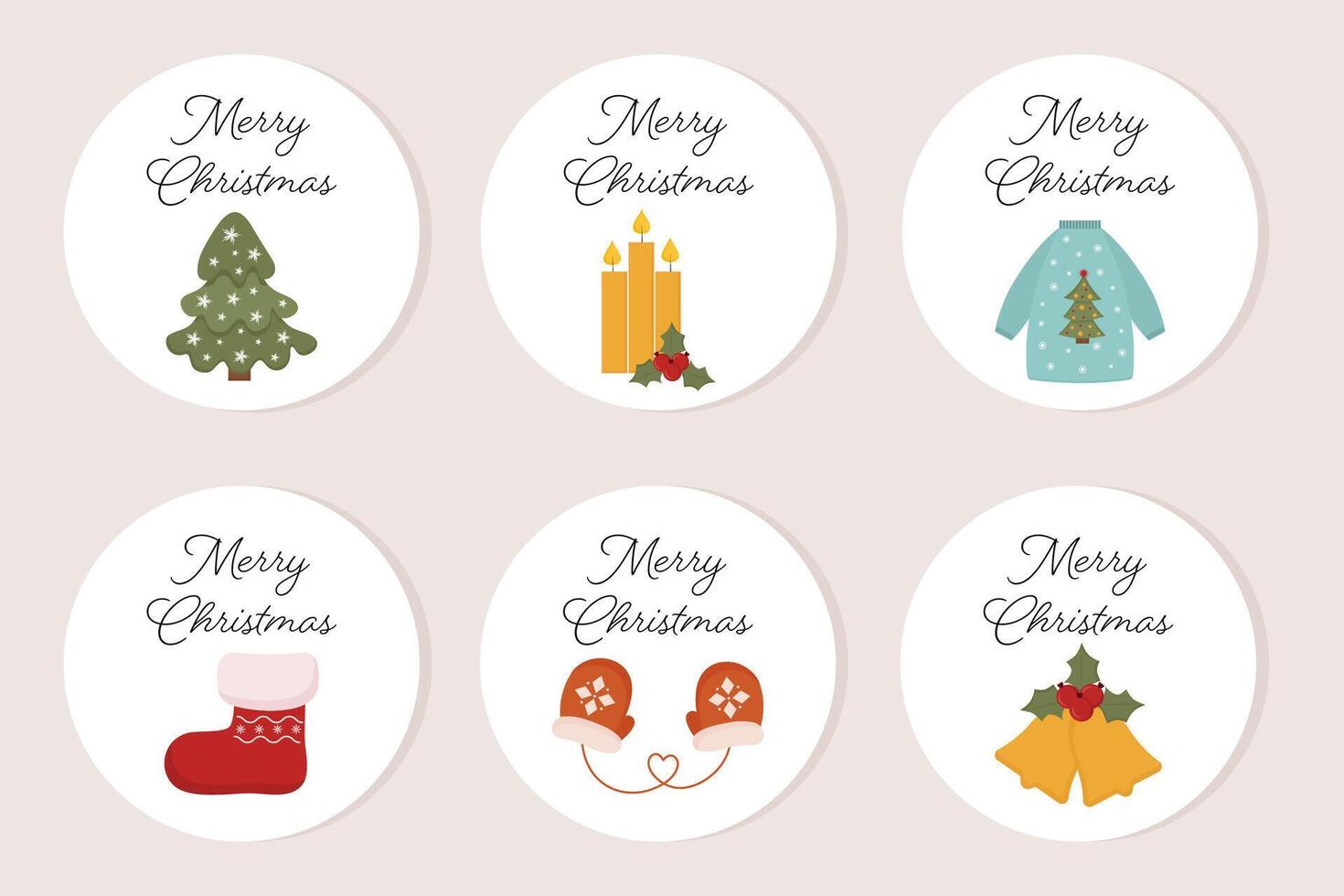 Round Christmas stickers, badges, labels, round gift tags for gifts package. Merry Christmas and winter holiday greeting typography messages with hippie Christmas tree, Santa, cocoa mug. vector