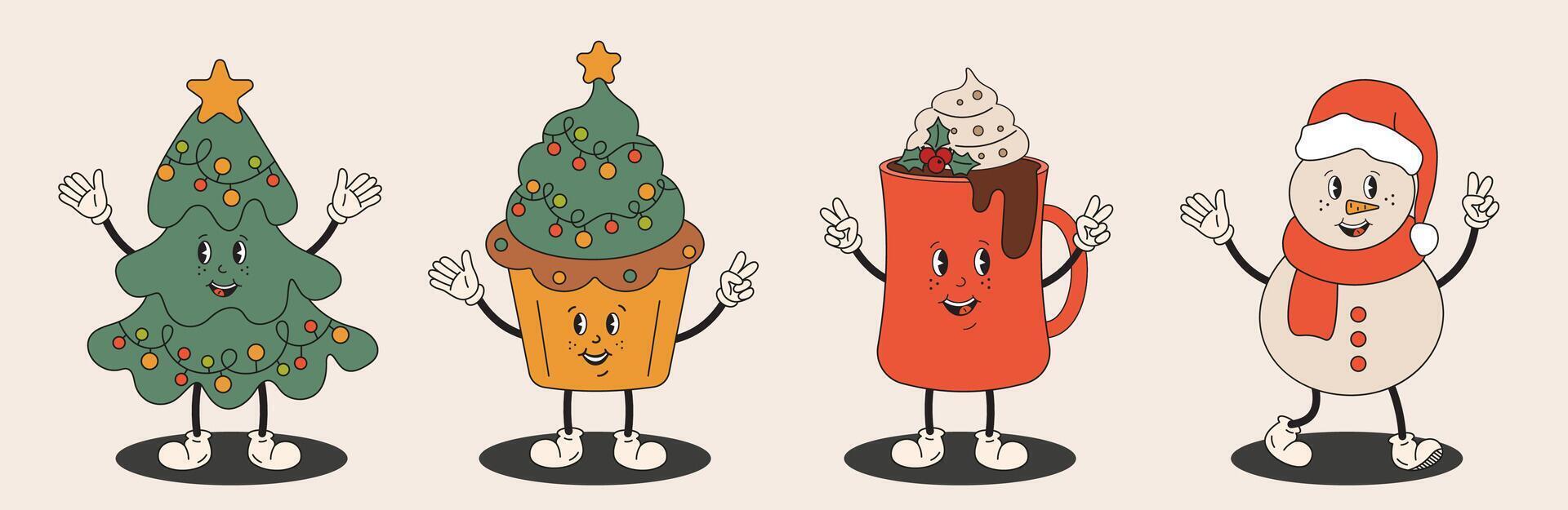 Christmas characters in groovy hippy style. Christmas tree, cupcake with winter holidays deco, coco, hot chocolate mug, snowman. For greeting cards, party invitation, banners. vector