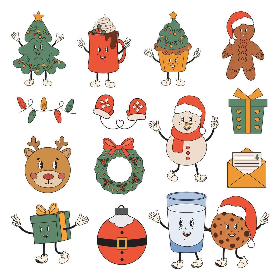 Christmas collection of elements in retro groovy style. Christmas tree, cocoa mug, deer, Santa, gift, advent wreath, snowman. Christmas icons for cards, invitation, banner, gift tag. vector