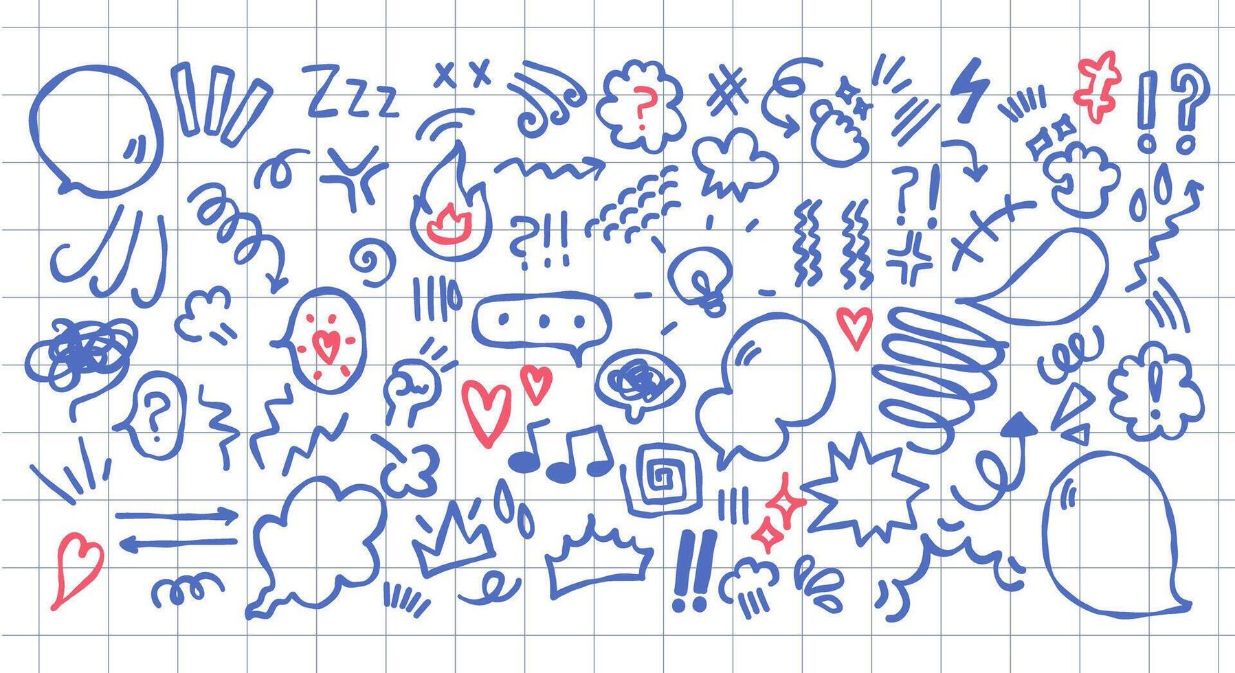 Set of anime emotion effect with a pen in a checked notebook. Doodle cartoon sparkle signs vector