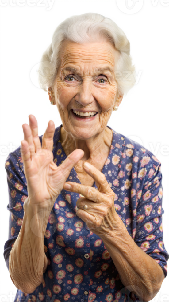 Smiling elderly woman waving her hands, symbol of joy and positive emotions in old age. png