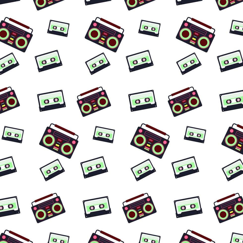 Retro Party Pattern featuring Tape Recorders, Audio Cassettes, and Boomboxes. Electronic, Hipster, Rock Nostalgia for logos, backgrounds, or graphic collections. illustration vector