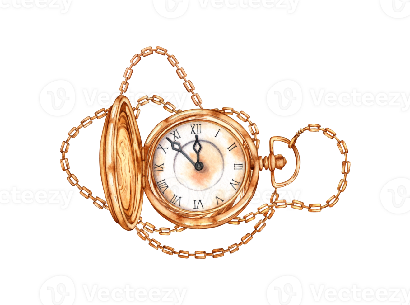 Gold pocket watch with open cover and long chain watercolor illustration. Vintage style, Roman numerals on the dial. Isolated from the background. For invitations, greeting cards, prints, posters png