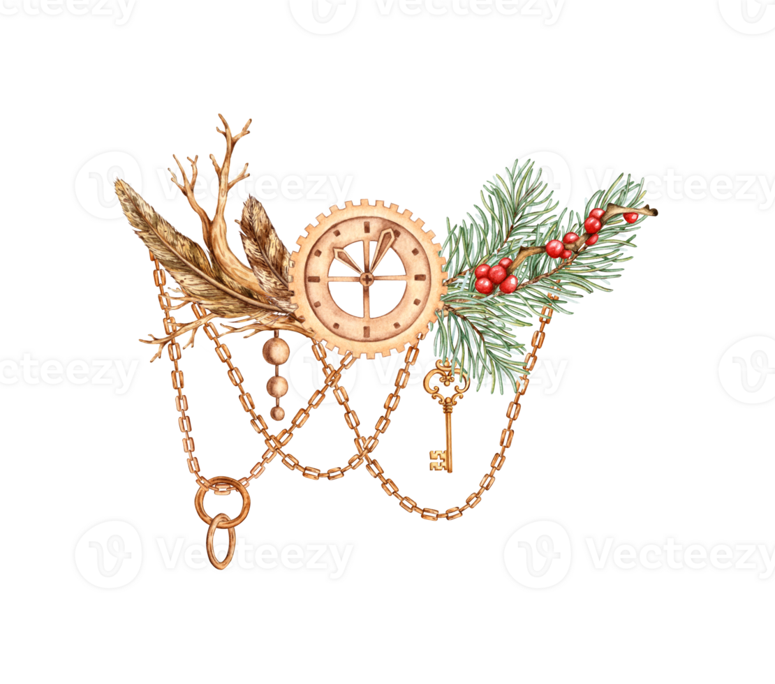 Metal dial, watch with feathers made of dry and spruce branches, chains and pendants, a key in the steampunk style made of gears and nuts, watercolor illustrations. Mechanical souvenir in techno style png
