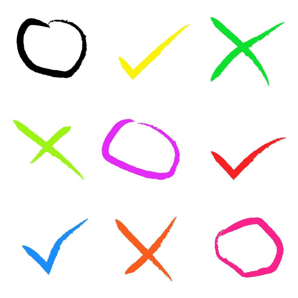 A set of tick and cross buttons. Round signs and lines of different thicknesses, green and red. vector