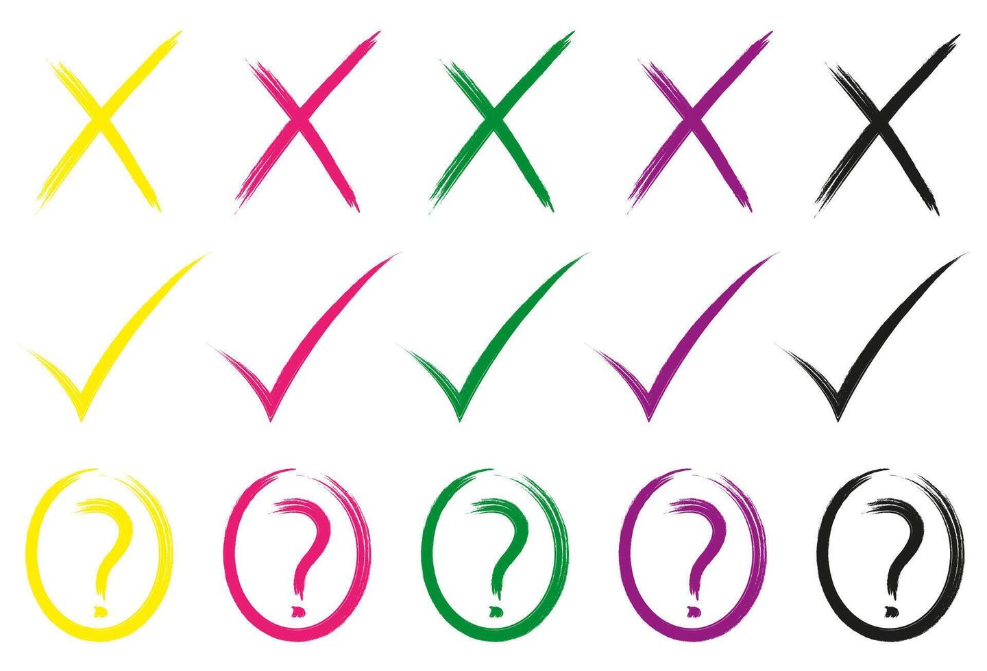Set of flat check and cross buttons. Round signs and different line thicknesses, green and red. vector