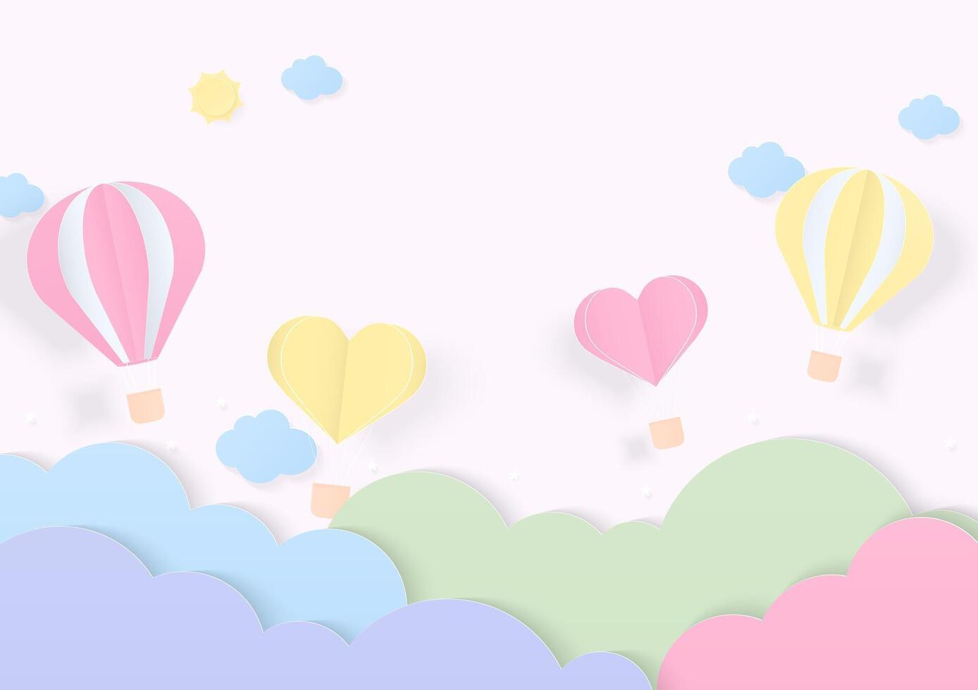 Pastel hot air balloons and clouds background vector
