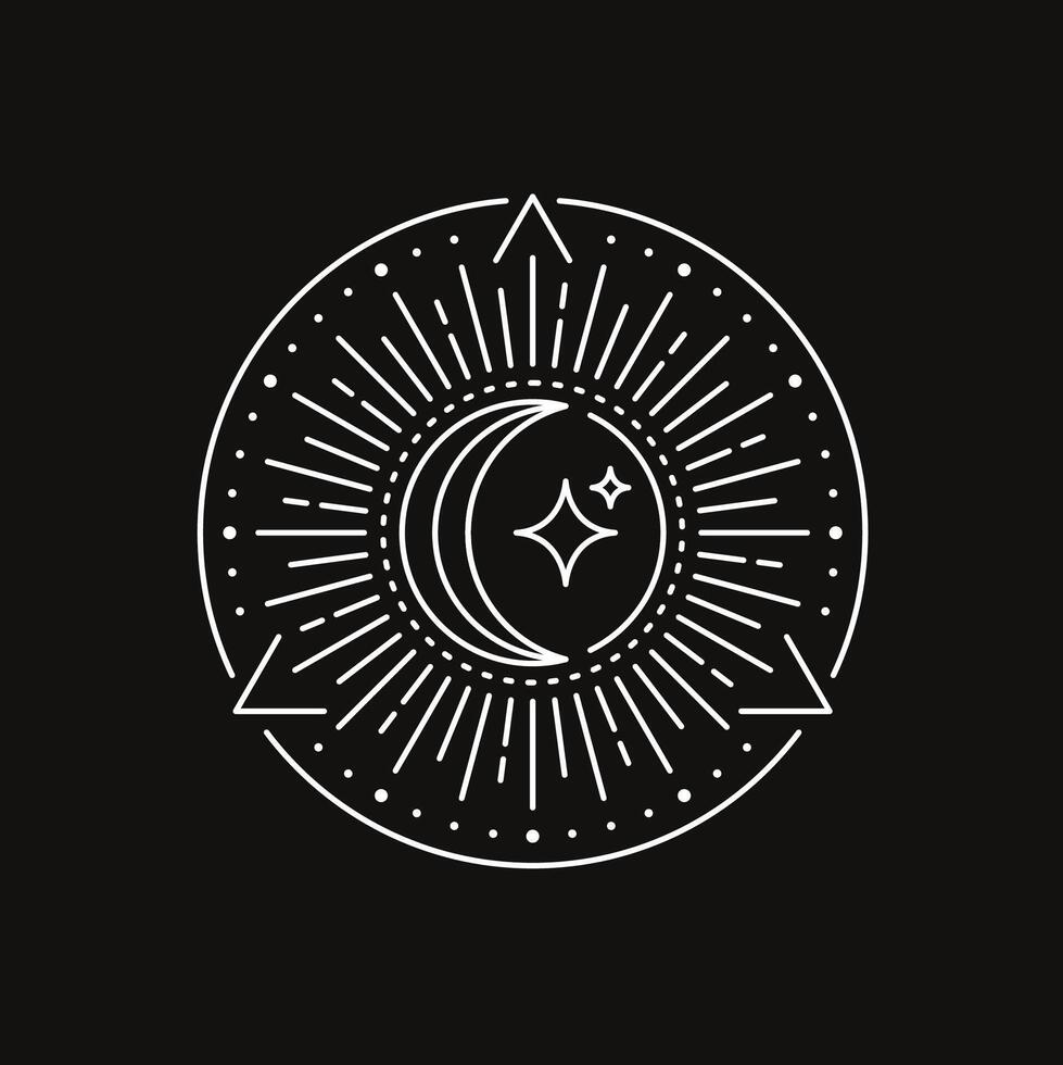 Crescent moon surrounded by stars within a circular frame with radiating lines vector