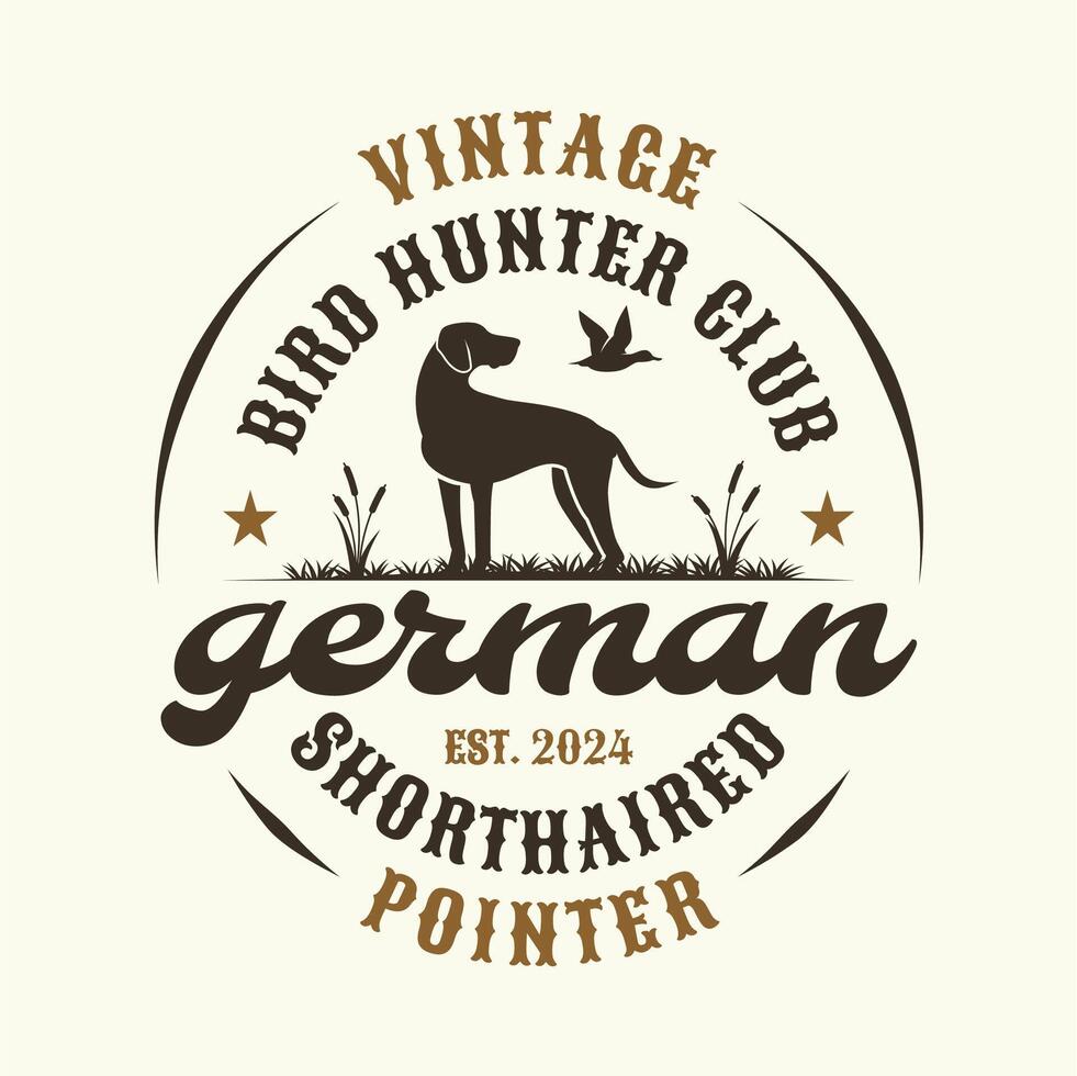 Shorthaired Pointer Bird Hunter Dog Club Logo Design. Hunting Dog Emblem vector